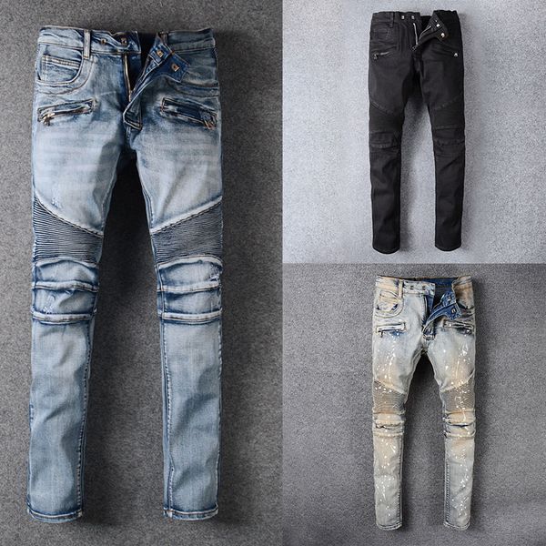 

italian style street fashion men jeans destroyed ripped jeans men motor biker homme new pants, Blue