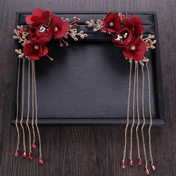 Hot Selling Red Flower Hairpins Hand Made Tassels Bride Dinner