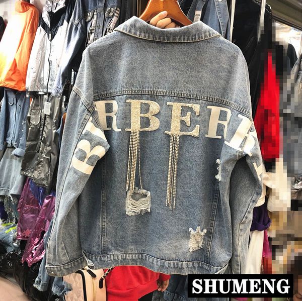 

2019 spring letter diamond chain loose cowboy coat girls lady holes denim jacket womens jean jackets outwear students streetwear, Black;brown