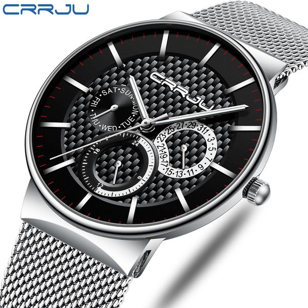 

crrju watches men fashion stainless steel watches male date quartz clock sports waterproof wrist watch, Slivery;brown