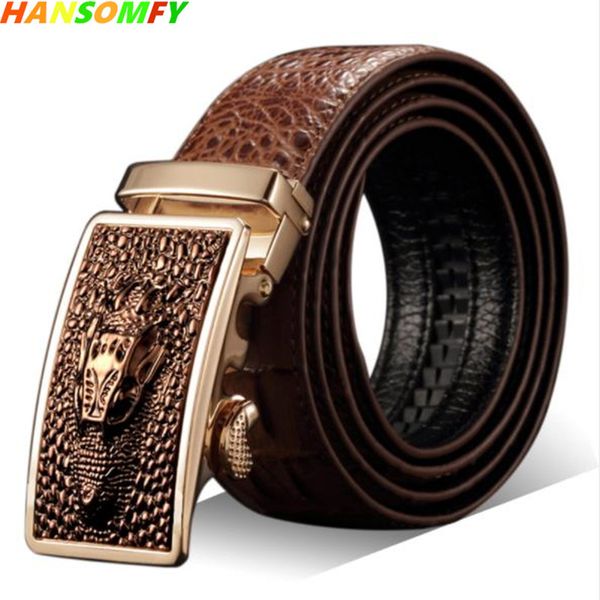 

men genuine leather cowhide belt crocodile pattern business belt men's retro automatic buckle, Black;brown