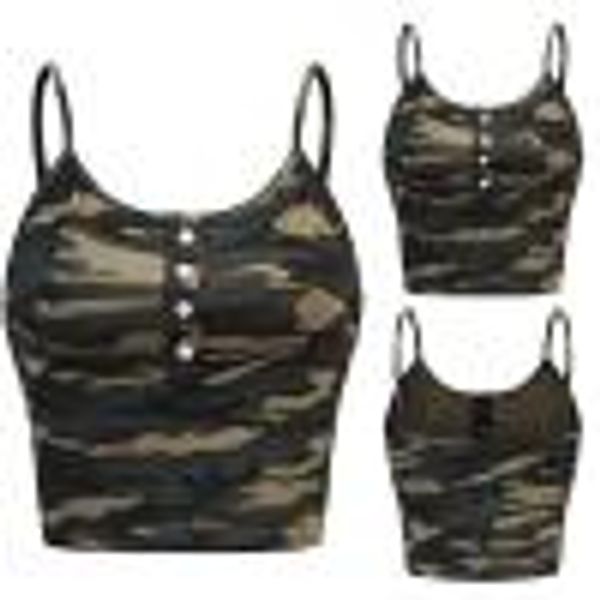 

vest cami tank womens sleeveless o-neck button up casual camouflage print summer women ruffles tank fashion 19jul16, White