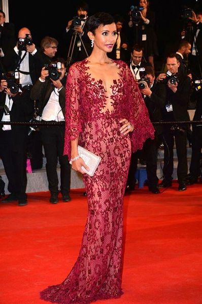 

zuhair murad burgundy lace bead mermaid formal evening dresses with long sleeve sonia rolland red carpet celebrity dress prom gowns, Black;red