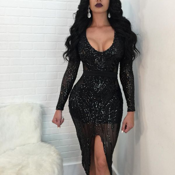 

women deep v-neck summer dresses sequins split dress bodycon female clothing club party dresses, Black;gray