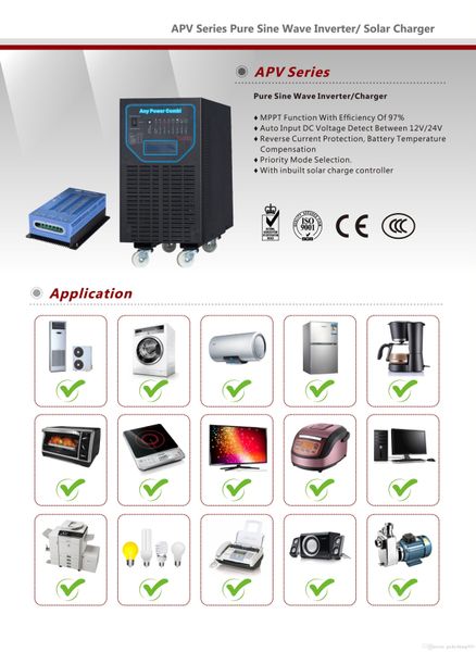 

yiy apv pure синусоидальный инвертор / зарядное устройство dcac обмен 12v 24v 48v ac 120v 230v защита от обратного тока встроенный контролле