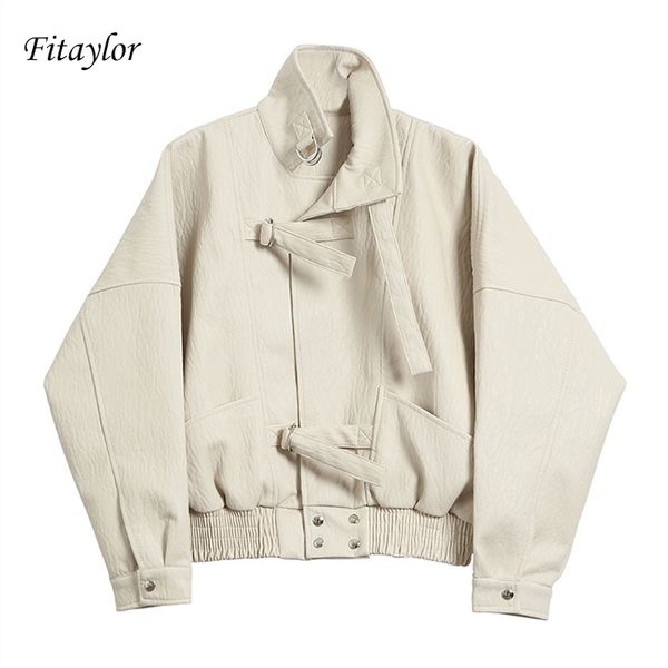 

fitaylor 2019 new women street faux leather jacket fashion casual loose batwing sleeve washed pu leather coat biker jackets, Black