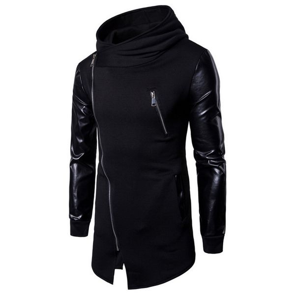 

puimentiua 2020 new mens casual hoodie jackets pu leather patchwork motorcycle long outwear coat zipper irregular rock coats, Black;brown