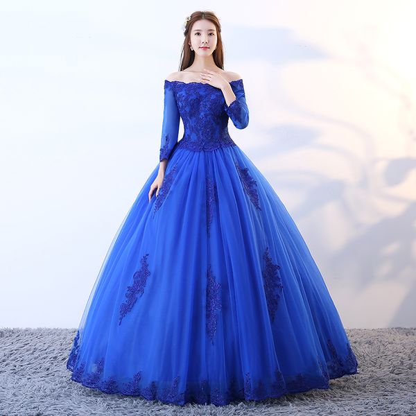 2019 Moda Bateau Appliques Royal Blue Ball Vestido Quinceanera Vestidos Plus Size Sweet 16 Vestidos Debutante 15 Anos Formal Party Dress BQ138