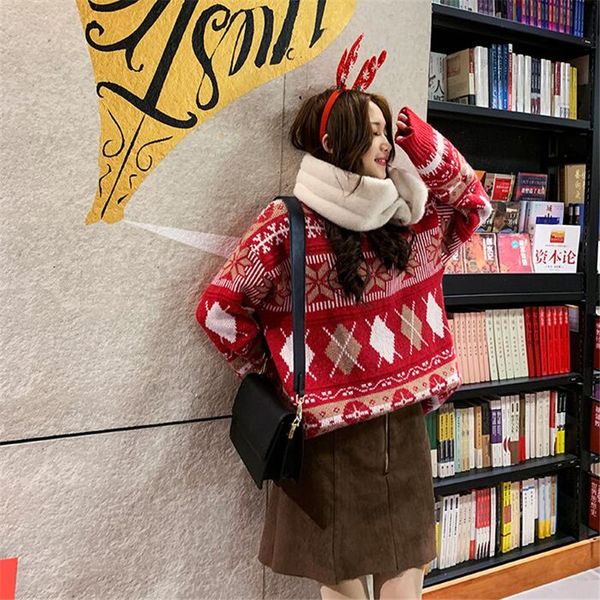 

women's sweaters sweater female short paragraph 2021 winter loose high collar diamond lattice check head knit thick warm, White;black