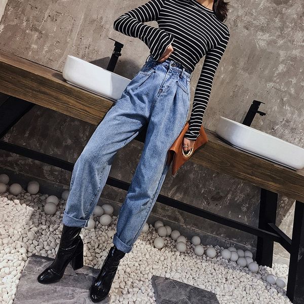 

women dad harem jeans high waist female spring and autumn new korean loose chic retro trousers, Blue