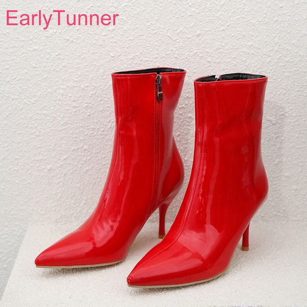 

2019 winter new red white women mid calf nude boots fashion high thin heels lady party shoes em95 plus big size 10 43 45 47, Black
