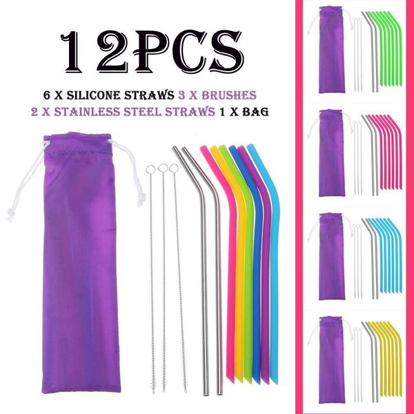 

12pcs a set reusable silicone stainless steel straw drinking straws bar cleaning brush with bag colorful
