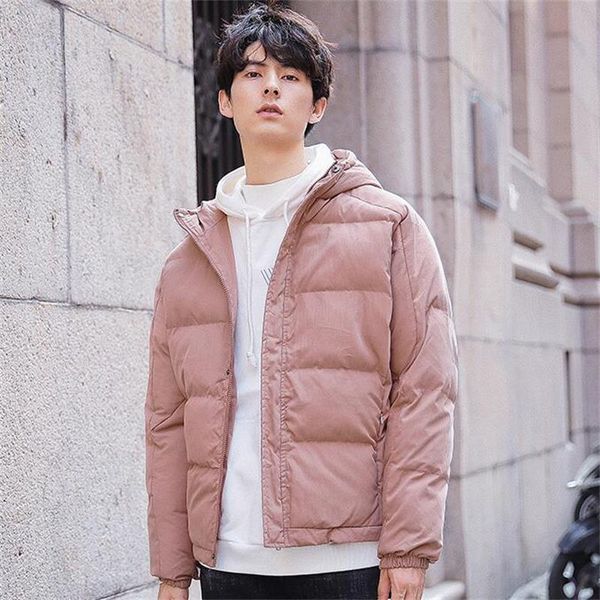 

short fashion solid color hooded padded winter mens jacket casual streetwear loose homme coat, Black