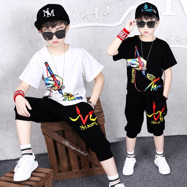 

4-10 y big boys clothing sets summer fashion casual print short-sleeved shorts hip hop dance costumes kids tracksuit sport suit, White