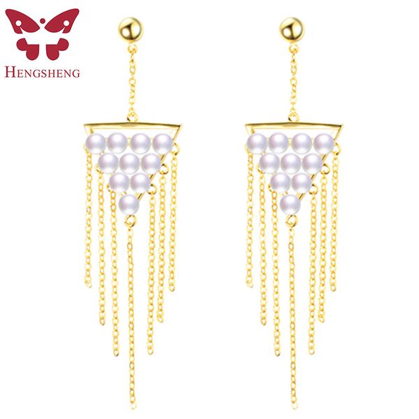 

golden tassel 4-5mm bread pearl earrings 925 sterling silver earrings for women 100% genuine pearl earings fashion jewelry 2019, Golden;silver