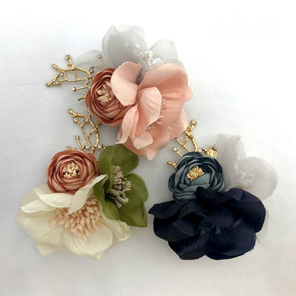 

handmade ribbon simulation flower brooch gold branch ladies temperament models sweater cardigan coat lapel pin women accessories, Gray