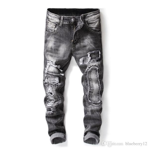 

mens jeans new men ripped jeans slim fit hole denim hip hop casual male destroyed trousers button pants asian size, Blue