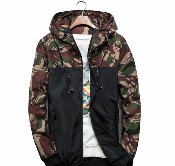 

autumn men casual camouflage print long sleeve zipper hoodie sports jacket coat warm outdoor windproof streetwear, Black;brown