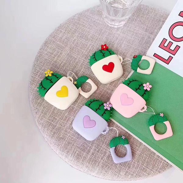 

cute cartoon cactus potted plant figure keychain for apple airpods bluetooth earphone protective case with finger rings, Silver