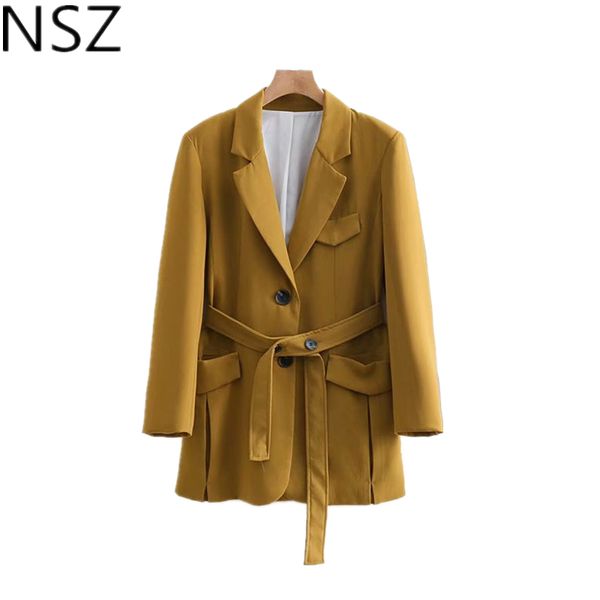 

nsz women solid single breasted oversize blazer with belt casual elegant suit jacket coat double pocket coat outerwear, White;black