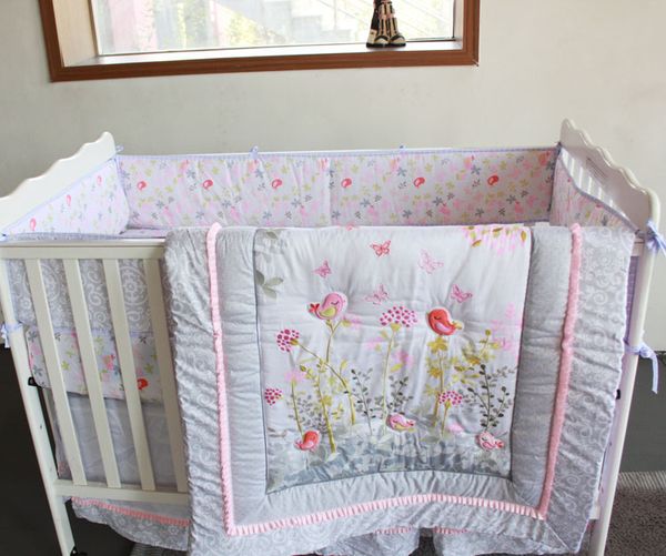 

4pcs silver birds printing embroidery baby nursery cot bedding set new design-quilt,crib sheet, crib skirt, bumpers