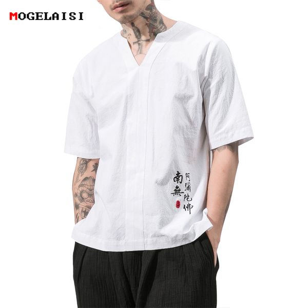 

new chinese style white shirt men summer linen cotton embroidery short-sleeve male plus size loose shirts camisa masculina, White;black