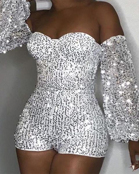 

off shoulder sequin long sleeve romper, Black;white