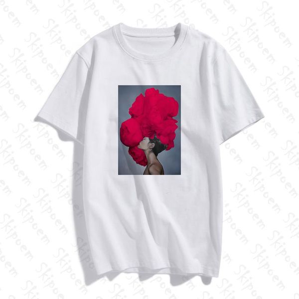 

фотоискусство мода сексуальная женщина с цветком футболки женщины эстетическая kawaii хлопка с коротким рукавом плюс размер top тройники str, White