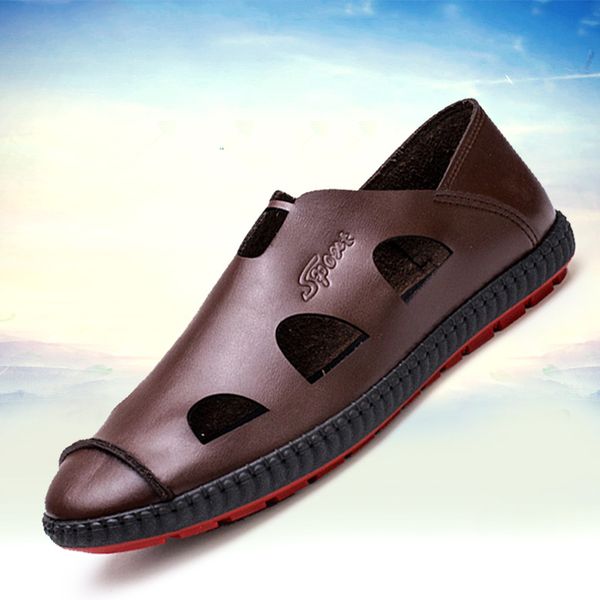 

new style closed-toe sandals men's hollow out sandals outdoor anti-slip breathable men pigskin shoes dad porous shoes, Black