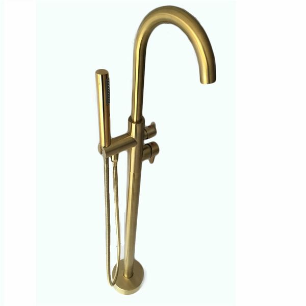 

Freestanding Bath Spout Shower Floor Mount Shower set Mixer Valve 2 Function Brushed Gold Bathtub Filler Mixer Taps