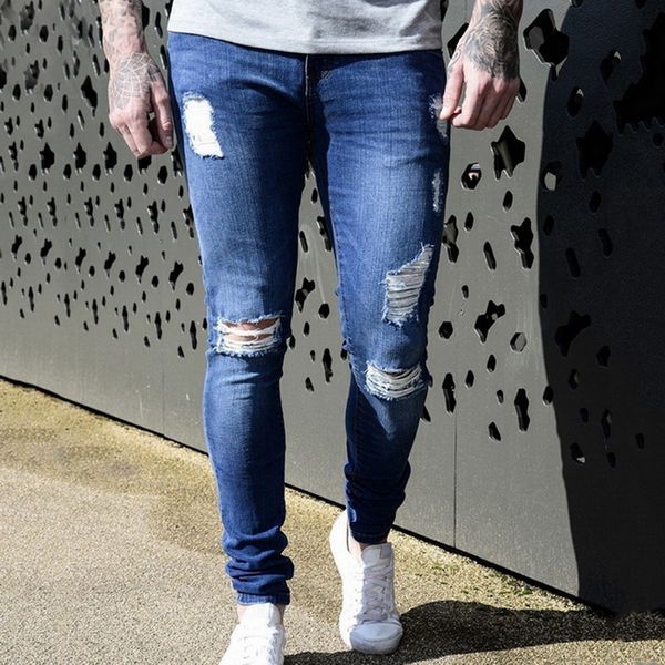 

Puimentiua Mens Hole Pencil Pants 2018 Spring Ripped Slim Fit Jeans Europe United States 3XL Distressed Ripped Destroyed Pant