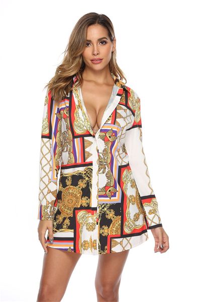 

женщины дизайнер печатной рубашка платье весна отворот шея платье повседневный дама с длинными рукавами платье, Black;gray