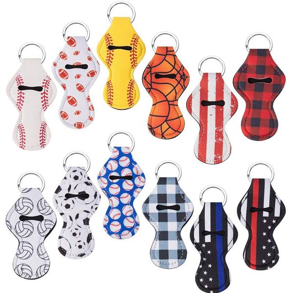 

new neoprene keychain chapstick cover holder key chain portable lip balm lipstick holder strip flower vibrant print keyring ring gift, Slivery;golden