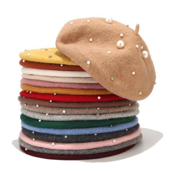 

дамы осени зима жемчужного заклепку береты rivet кашемир берет женщину теплой vogue французских шляпы для девочек связали красный вышитый бе, Blue;gray