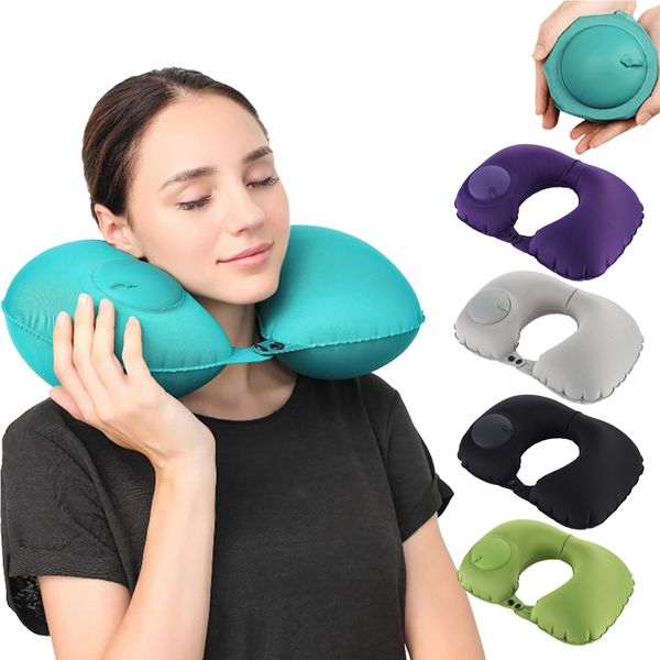 

u-shape automatic inflatable home travel pillow neck pillow rest air inflatable pillows neck cushion travel folding press type pillows hammo