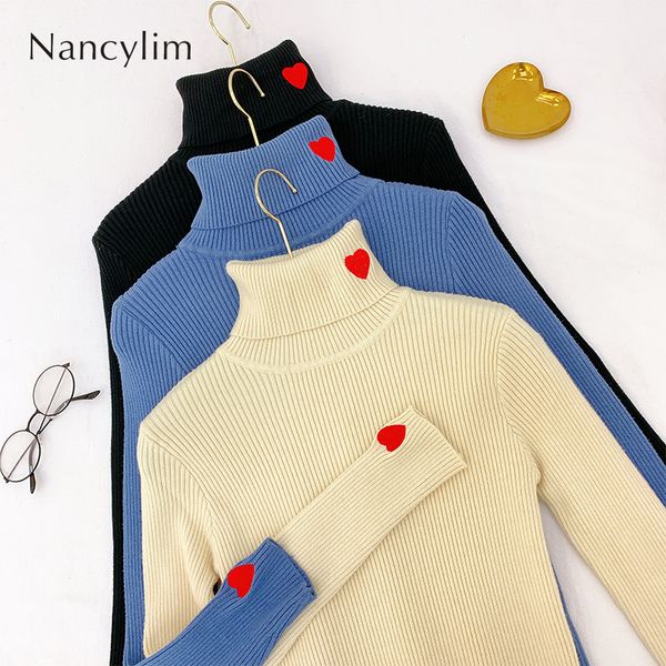 

red love embroidered sweater women korean slim knitted blusas autumn winter turn turtleneck sweater jumper pull girl lady warm, White;black