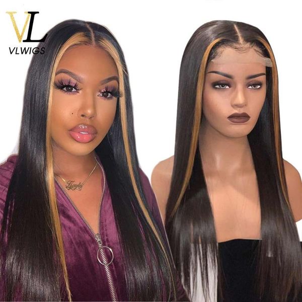 

vlwigs honey blonde 13*6 lace front wigs for women ombre color with highlight brazilian human hair wig preplucked hairline ry31, Black;brown