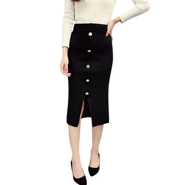 

winter ladies skirt high waist casual wild knit solid color button slit bottoming skirt hip fashion slim skirts #xm, Black