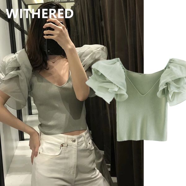 

women's sweaters withered 2021 ins fashion blogger high street gauze splcing knitted short women pull femme pullovers crop, White;black
