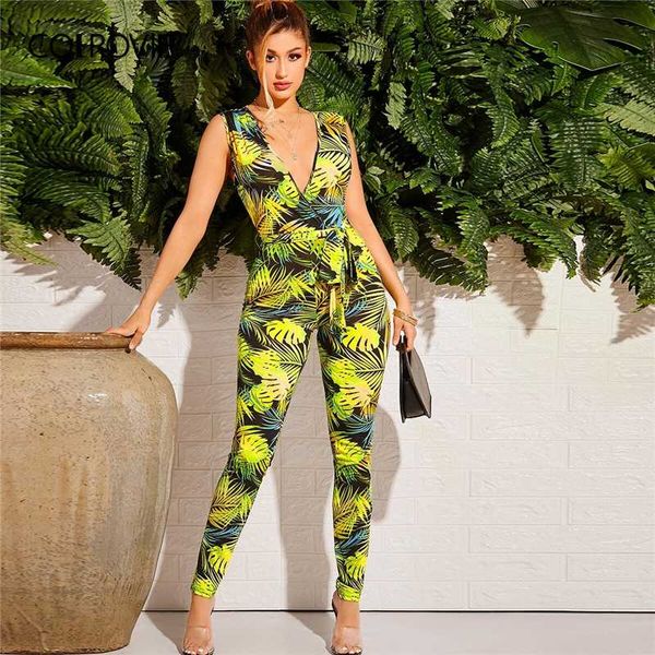 

colrovie multicolor plunging neck tropical print belted jumpsuit women 2020 summer sleeveless mid waist boho long jumpsuits, Black;white