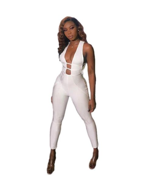 

2019 suit-dress nightclub v neck solid color sleeveless jumpsuit women, Black;white