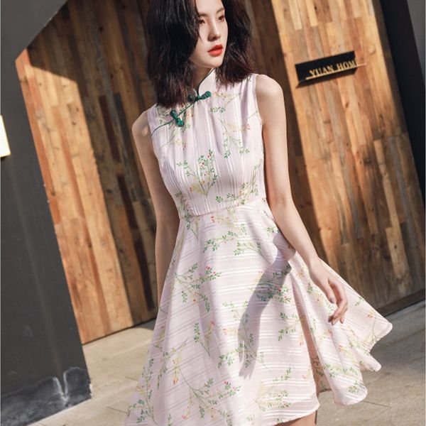 

2019 spring and summer new elegent women sleeveless stand collar dresse short chiffon female small a retro girl cheongsam, White