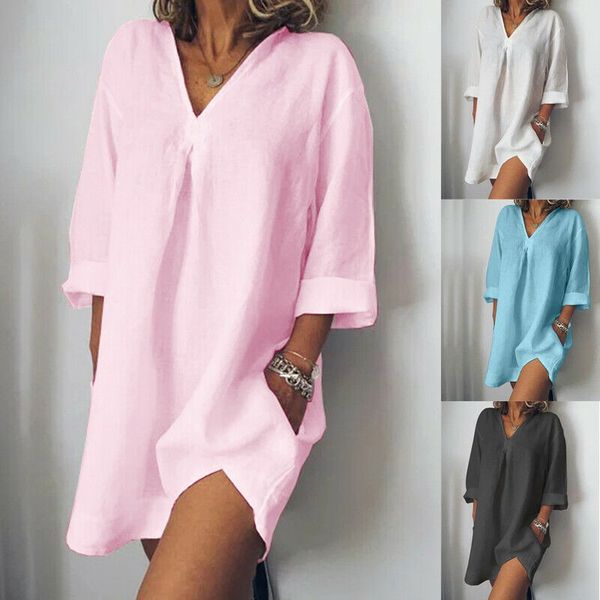 

fashion women loose shirt dresses cotton linen casual v neck long sleeve dress shirts oversize, Black;gray