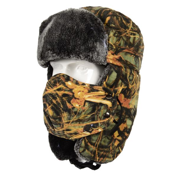 

men women bionic camouflage winter cap warm thermal hat outdoor hiking walking hunting cap bomber pilot cap ushanka ear, Black;white