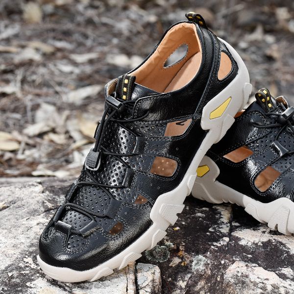 

men sandals new fashion summer shoes casual flat lace up genuine leather shoes dd114, Black