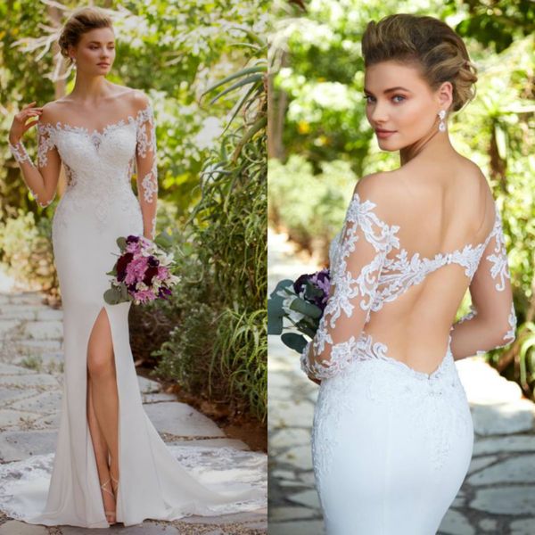 2020 Abito da sposa a sirena sexy con spacco alto Sweetheart Manica lunga Backless Abito da sposa in pizzo con applicazioni Ruffle Court Train Robes De Mari￩e