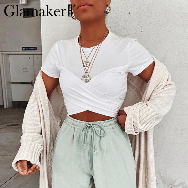

glamaker white o neck short sleeve crop women summer fashion female clothing t shirt cross lace up tee shirts new