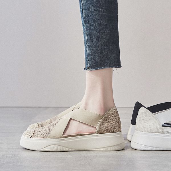 

med heel wedges shoes spring summer mesh pumps inner heel height increasing round toe side empty hollow sandals harajuku shoes, Black