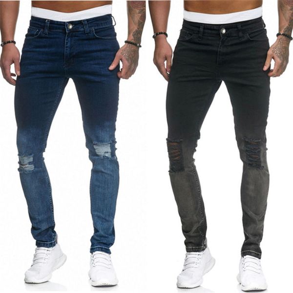 

new slim fit jeans for men distressed knee hole jeans trousers man ripped tore up streetwear male denim pants pantalones hombre, Blue