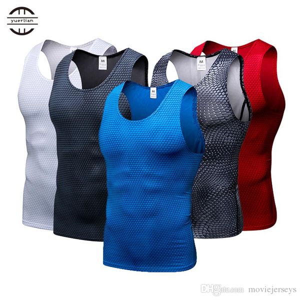 

yel new compression tights gym vest quick dry sleeveless sport shirt men gym clothing for summer cool men's running vest, White;black